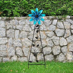 Glitzhome 44"H Windmill Yard Stake, Blue Flower Wind Spinner Garden Ornament Windmill for Yard Weather Vane for Outdoor Metal Windmill Decor