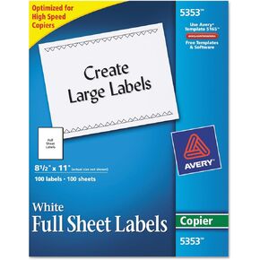 Avery 5353 Copier Label, Full Sheet, 8-1/2-Inch x11-Inch, 100/BX, White