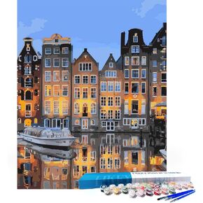 LikeyFactory Sunset in Amsterdam Paint by Numbers Kit for Adults – 16"x20" Rolled Canvas with Brushes & Acrylic Paints DIY Landscape Art Set