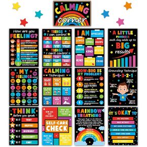 19 PCS Colorful Calming Corner Posters for Classroom Calm Down Corner Educational Emotion Posters Feeling Management Mental Health Posters Back to School Bulletin Board Wall Decor for School Office