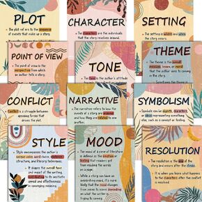 Pasimy 12 Pcs Boho Literary Elements Posters Set Literature Classroom Decorations Story Elements Bulletin Board Educational Art Prints Rainbow Study Materials for Teacher School (Boho)