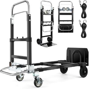 3 in 1 Convertible Hand Truck Dolly with Brakes,Heavy Duty Folding Hand Truck with 600LB Capacity,Portable Dolly Cart with Rubber Wheels and Telescoping Handles for Moving