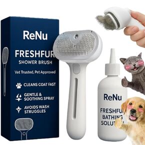Renu Dog Brush, Renu Fresh Fur Shower Brush + Bathing Solution, 3 in 1 Self Cleaning Steamy Pet Brush, Dog Cat Grooming Tool for Long & Short Hair, Removes Loose Hair & Reduces Shedding (White)