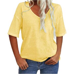 Womens Summer Tops Fashion V Neck Half Sleeve Oversized T Shirts Elbow Length Tee Shirts Casual Tops Loose Fit