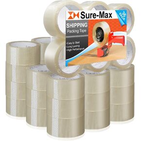 Sure-Max Premium Carton Packing Tape 2.0 mil 165 Feet (55 Yards) - Clear - 1 Case (36 Rolls Total)