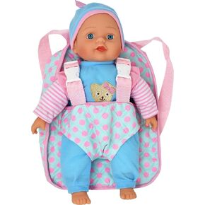 13in Soft Baby Doll with Take Along Pink Backpack Carrier, Briefcase Pocket Fits Accessories and Clothing