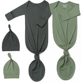 2Pk Newborn Baby Knotted Gown, Super Soft Silky Infant Long Sleeve Sleeper for Baby Sleeping with Hat or Headband (2 Packs) in Kuwait