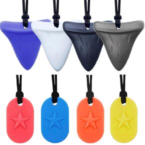 Chew Necklaces for Sensory Kids 8 Pcs Sensory Chewy Toys for Autism Girl and Boy, ADHD Toddler, Adult(4Pcs Shark and 4Pcs Tag Shape)