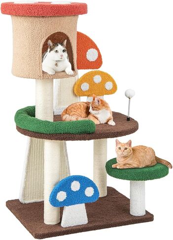 PETSITE Mushroom Cat Tree, 40.5 Inches Tall Multi-Level Cat Tower with Natural Sisal Scratching Posts & Boards, Cat Condo and Teasing Spring Ball, Cute Cat Tree Tower for Indoor Cats Large Adult in Kuwait