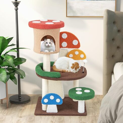 PETSITE Mushroom Cat Tree, 40.5 Inches Tall Multi-Level Cat Tower with Natural Sisal Scratching Posts & Boards, Cat Condo and Teasing Spring Ball, Cute Cat Tree Tower for Indoor Cats Large Adult in Kuwait
