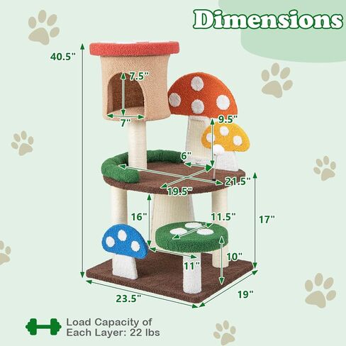 PETSITE Mushroom Cat Tree, 40.5 Inches Tall Multi-Level Cat Tower with Natural Sisal Scratching Posts & Boards, Cat Condo and Teasing Spring Ball, Cute Cat Tree Tower for Indoor Cats Large Adult in Kuwait