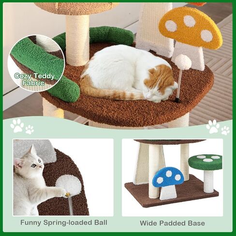 PETSITE Mushroom Cat Tree, 40.5 Inches Tall Multi-Level Cat Tower with Natural Sisal Scratching Posts & Boards, Cat Condo and Teasing Spring Ball, Cute Cat Tree Tower for Indoor Cats Large Adult in Kuwait