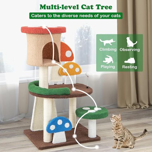 PETSITE Mushroom Cat Tree, 40.5 Inches Tall Multi-Level Cat Tower with Natural Sisal Scratching Posts & Boards, Cat Condo and Teasing Spring Ball, Cute Cat Tree Tower for Indoor Cats Large Adult in Kuwait
