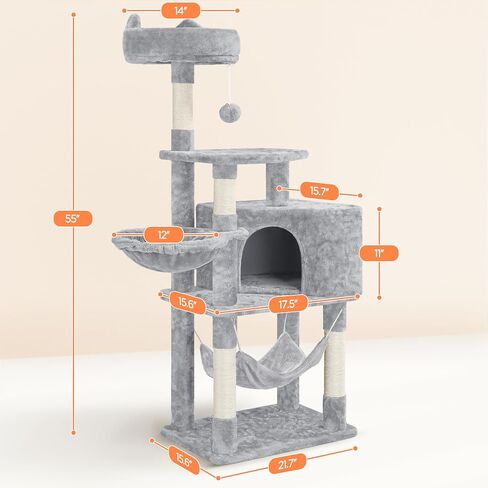 Yaheetech Multi-Level Cat Tree Condo Furniture 54.5", with Large Perch, 2.8'' Sisal Scratching Posts, Hammock, Basket, Fuzzy Ball, Stable Cat Tower Play Center Cat House in Saudi Arabia
