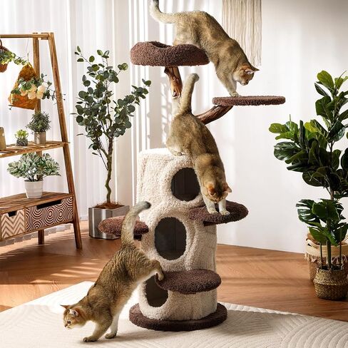 54.7'' Tall Modern Wood Cat Tree with 3 Level House, Luxury Cat Tower for Home Decoration, Large Cat Condo for Multi-Cat Families in Saudi Arabia