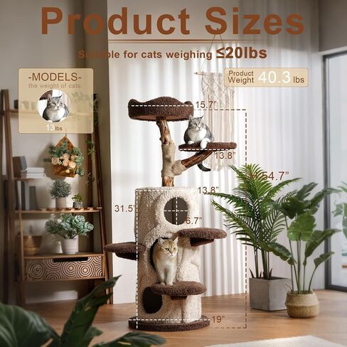 54.7'' Tall Modern Wood Cat Tree with 3 Level House, Luxury Cat Tower for Home Decoration, Large Cat Condo for Multi-Cat Families in Saudi Arabia