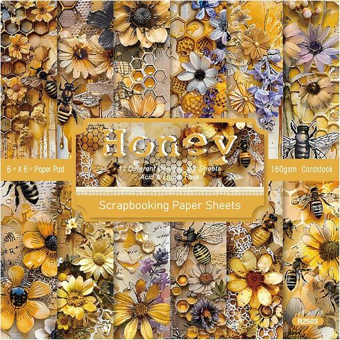 PAD PAD PAD 6x6 ، 24 ورقة من زهرة ونحل أوراق قصاصات من جانب واحد ، Gold Spring موضوع البطاقة 160GSM ورقة الحرف الزخرفية ل DIY الصورة ألبوم الخلفية 12 التصاميم in Kuwait