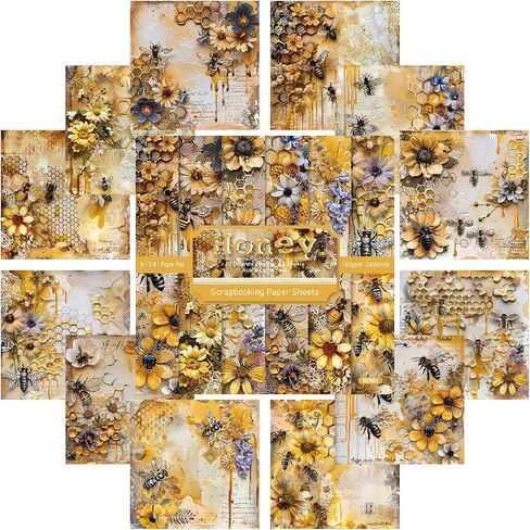 PAD PAD PAD 6x6 ، 24 ورقة من زهرة ونحل أوراق قصاصات من جانب واحد ، Gold Spring موضوع البطاقة 160GSM ورقة الحرف الزخرفية ل DIY الصورة ألبوم الخلفية 12 التصاميم in Kuwait