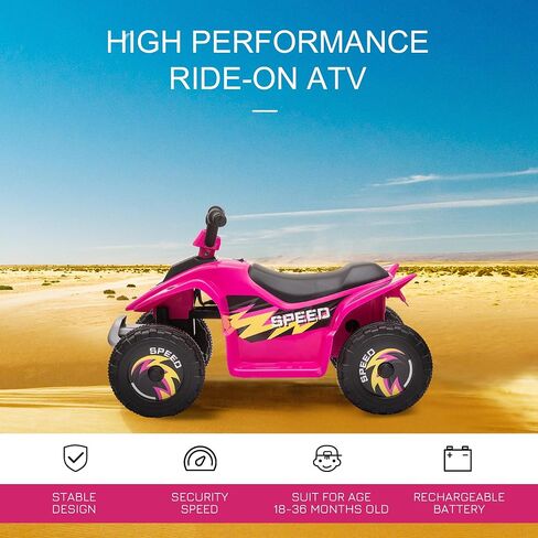 ركوب AOSOM 6V Kids ATV 4-WHEELER على السيارة ، مركبة بطارية رباعية تعمل بالبطارية مع التبديل الأمامي/العكسي لمدة 18-36 شهرًا من الأطفال الصغار ، الوردي in Kuwait