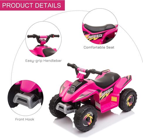 ركوب AOSOM 6V Kids ATV 4-WHEELER على السيارة ، مركبة بطارية رباعية تعمل بالبطارية مع التبديل الأمامي/العكسي لمدة 18-36 شهرًا من الأطفال الصغار ، الوردي in Kuwait