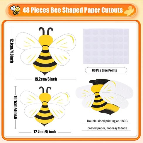 MixTeach 48 Pcs Bee Cutouts Bee Shaped Die Cuts 4 "5" Paper Cutouts Bee Theme Greeting Cards Name Tags with Glue Point Bumblebee Classroom Decoration for Bulletin Board Back to School Party Supplies in Saudi Arabia