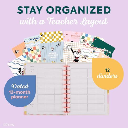 Happy Planner Disney Disc-Bound 12-Month Academic Planner, July 2025–June 2026, 3 Extra Months, 2 Sticker Sheets, Big Size, Teacher Layout, Mickey Mouse & Friends Theme, Current Classroom in Kuwait