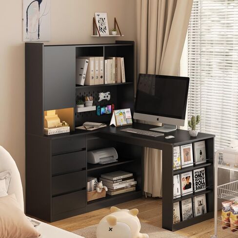 L Shaped Desk with outlet, Computer Desk with Drawers, Bookshelf, Modern Corner Desk, Home Office Desk,L-Shaped Study Table Writing Desk,Corner Gaming Computer Desk with Storage (Deep Black) in Saudi Arabia