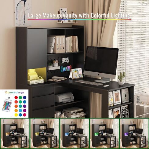 L Shaped Desk with outlet, Computer Desk with Drawers, Bookshelf, Modern Corner Desk, Home Office Desk,L-Shaped Study Table Writing Desk,Corner Gaming Computer Desk with Storage (Deep Black) in Saudi Arabia