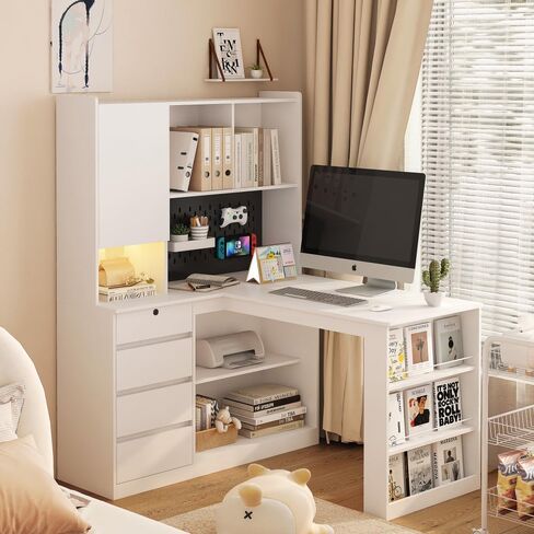 L Shaped Desk with outlet, Computer Desk with Drawers, Bookshelf, Modern Corner Desk, Home Office Desk,L-Shaped Study Table Writing Desk,Corner Gaming Computer Desk with Storage (Deep Black) in Saudi Arabia