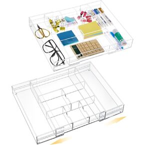 2 Pcs Expandable Desk Drawer Organizer Maximum 12 x 18 Inches Acrylic Drawer Organizer Trays with 8 Adjustable Compartments Desk Accessories for Makeup Silverware Office Bathroom