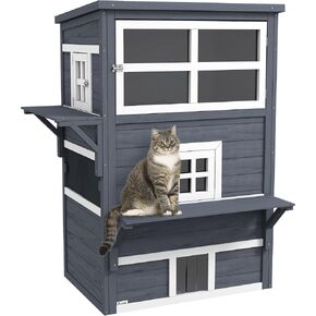 Pawhut المكونة من 3 طوابق Cat House Shelter Feral Cat ، شقة قطة صغيرة في الهواء الطلق مع أرضية مرفوعة ، سقف الإسفلت ، أبواب الهروب ، منصات القفز ، الرمادي الداكن in Kuwait