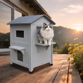 Plastic Outdoor Cat House Weatherproof for Feral Cat, 2 Story Insulated Elevated Cat Shelter with Escape Door, Easy Assemble, Expansive Interior‌ Grey