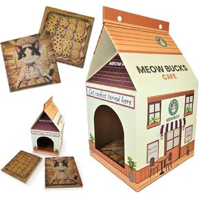 MeowBucks Cafe-Themed Cardboard Cat House with 2 Scratch Pads & Catnip (22"x13"x12.6") – Spacious Indoor Cat Hideout, Scratcher & Playhouse for Kittens, Cats & Small Pets, Easy to Assemble