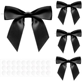 GCQQ Black Bows - 24Pcs Satin Twist Tie Ribbon Bows for Treats Crafts Gift Wrapping Balloons Birthday Cake Christmas Tree Party Decorations Black Premade Bows with Self Adhesive