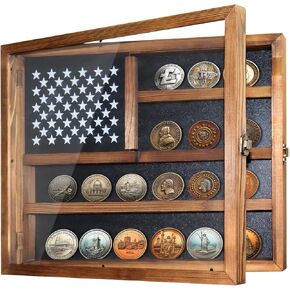 Challenge Coin Display Case, 4 Rows Military Coin Holder Display, Solid Wood Wall Mount Coins Collection Rack Stand with American Flag for Casino Poker Chips Exquisite Souvenirs