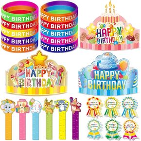 LACCHOUFEE 120 Pieces Happy Birthday Kits for Kids Classroom - Include Adjustable Happy Birthday Hats, Colored Silicone Stretch, Badge Stickers and Rulers - School Teachers Students Party Supplies