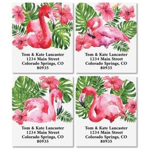 Tropical Flamingos Square Return Address Labels - Set of 144 1-1/2" x 1-3/4" Self-Adhesive, Flat-Sheet Labels (4 Designs)