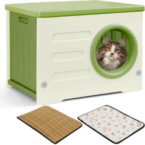 Plastic Cat House for Outdoor Indoor Use, Stackable Feral Cat Shelter Indoor Cat House Weatherproof Waterproof Elevated, with 2-Sided Cushion (Green White)