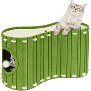 INFANZIA Cat House for Indoor Cats - Foldable Felt Bed Cave with Ball Hanging, Large Cat Condo for Multiple Pets Up to 20Lbs, Cat Tunnel Enclosed Bed, Scratch-Resistant Peekaboo Hideaway, Army Green