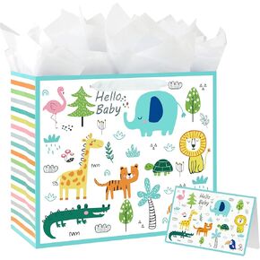 Yusenguan 13" Large Baby Gift Bag with Tissue Paper and Card (Woodland Animals) for Baby Showers, New Parents and More