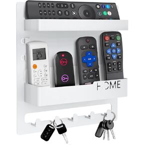 Bedside Organizer Remote Holder - Wall Mount Storage for Phone, Glasses & Essentials with 5 Hooks (White)