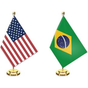 2 Pack Brazil American Desk Small Flag Set,5×8 Inch Brazilian Mini Desktop Table Banner,12" Metal Solid Pole Decor,Tiny Digital Printed Polyester Banner With Golden Base