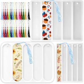 3PCS Resin Bookmark Mold, Bookmarks Silicone Mold with 32pcs Tassels Rectangle Bookmark Molds for Resin Casting DIY Home Decoration Art Crafts Handmade Gift