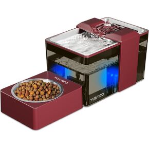 Automatic Cat Water Fountain with Food Bowl – 2.2L/74oz 2-in-1 Pet Fountain & 304 Stainless Steel Bowl, Ultra-Quiet, LED Indicator, BPA-Free for Cats & Dogs (Red, 13.78 x 5.55 x 5.31 inches)