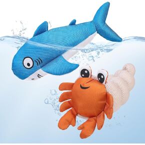 PUPTECK Floating Pool Toys for Dogs - 2 Pack Squeaky Pet Water Toys for Fetch & Training, Interactive Summer Outdoor for Large Small Medium Dogs, Shark & Hermit Crab