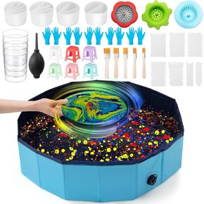 1 Set Paint Pouring Supplies 1 Acrylic Paint Pouring Splash Guard 12 Canva Stands 4 Split Cups 3 Painting Strainer 4 Measuring Cups 7 Cleaning Scraper 5 Pairs of Gloves 5 Brush 1 Dust Balloon