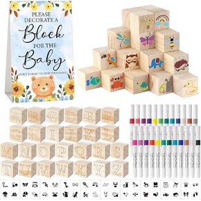 117 Pcs Baby Shower Blocks to Decorate Game Kit Includes 52 Wooden Blocks 24 Markers 1 Game Sign 40 Templates to Paint (Kraft)