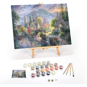 Ledgebay DIY Paint by Numbers Kit for Adults Framed Canvas: Beginner to Advanced Paint by Numbers Kit, Kits Include Acrylic Paint Set Brushes & Tabletop Easel (Mountain Village 16" x 20" Framed)