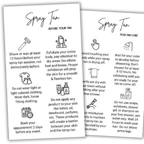 Spray Tan Pre and Post Care Aftercare Instruction Cards | 50 Pack | 3.5 x 2" Business Card Size | Black with White Design Aftercare Instructional card