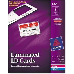 Avery 5361 Laminated Laser/Inkjet ID Cards, 2-1/4-Inch x3-1/2-Inch, 30/BX, White